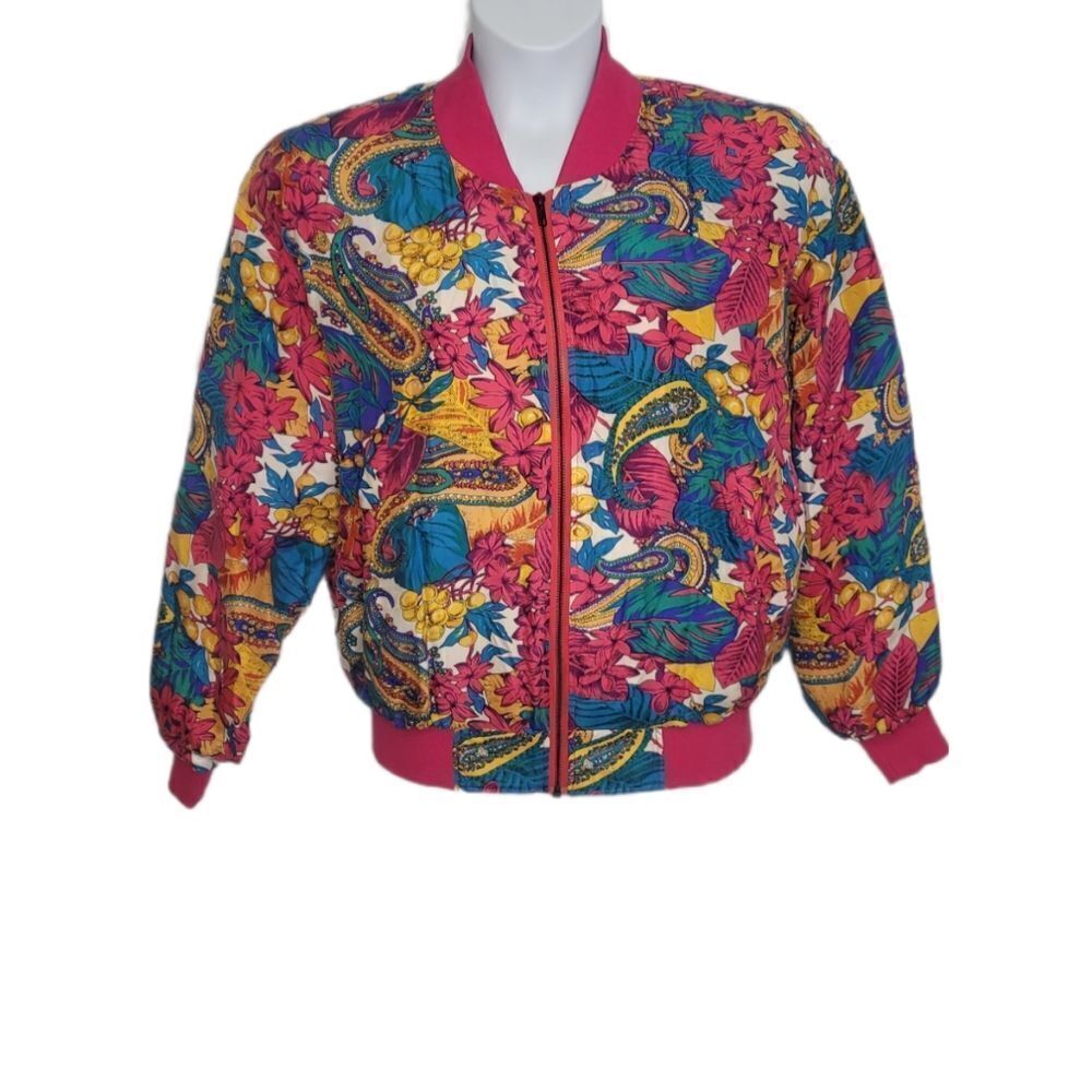 NEW VINTAGE 80s jacket pink silk paisley floral printed bomber M